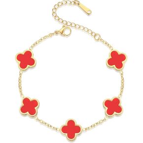 18K Gold Plated Clover Bracelet Set for Women White Black Gold Silver Adjustable Link Double-Sided Lucky Bracelets Trendy Jewelry Gifts for Women