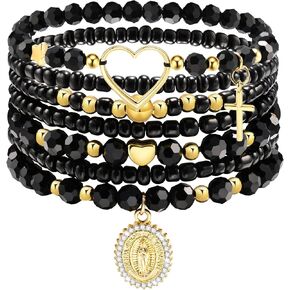 Virgin Mary Bracelet Set: 7 Pcs Stackable Stretch Miraculous Medal Bracelets, Black Mother Mary Guadalupe Bracelet