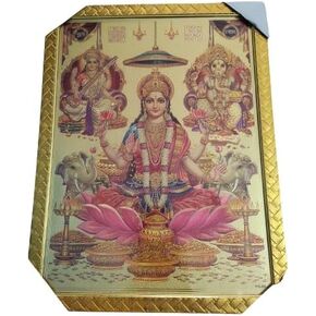 Koshtak laxmi/lakshmi Mata on lotus with Mata Saraswati and Ganesha Photo Frame with Unbreakable Glass for Wall Hanging/Gift/Temple/puja Room/Home Decor and Worship 16x 12