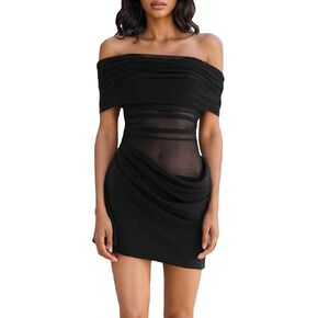 Women's Off The Shoulder Sheer Mesh Mini Dress Ruched Dresses Sexy See Through Y2k Party Club Beach Short Dress