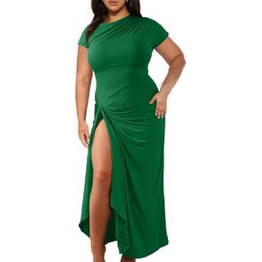 GOKATOSAU Women's Asymmetry Neck High Side Split Bodycon Ruched Plus Size Long Maxi Dress