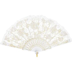 White Foldable Lace Fans, Folding Chinese Lace Fans Vintage Style Decorative Folding Fan Floral Handheld Tea Party Fan for Costume Weddings Dancing Party Decoration