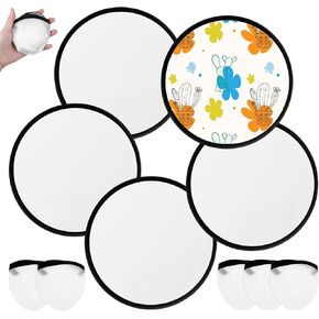 5 Pcs Foldable Flying Disc 9.6'' DIY Handheld Black Egde Fabric Folding Fan with Bags Sublimation Fans for Wedding Party Favors Outdoor Activity Christmas (White)