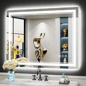 40x32 LED Bathroom Mirror with Lights, Backlit + Front Lit, Anti-Fog Lighted Vanity Mirror for Bathroom Wall with 3 Colors, Dimmable, Memory, Shatter-Proof Tempered Glass, Horizontal/Vertical