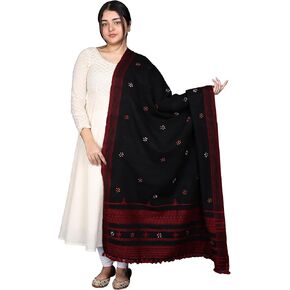 Shawl from Kutch with Embroidered Flowers and Mirrors - Wool