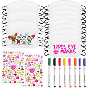 22 PCS Sleepover Party Supplies ، 12 PCS Sleep Eye Masks White Honeffold Slumber Eye Woving With 2 Sheets Telfive Heart Rhinestones Gems & 8 PCS Marker Marmer