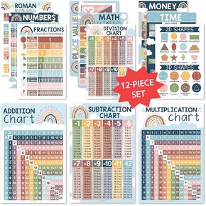 12 Boho Math Posters For Elementary School Posters For Classroom - Poster Math Classroom Decorations For Teachers, Multiplication Chart Poster For Teachers, Place Value Chart for Classroom Wall
