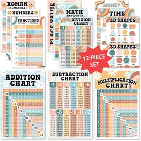 12 Boho Math Posters For Elementary School Posters For Classroom - Poster Math Classroom Decorations For Teachers, Multiplication Chart Poster For Teachers, Place Value Chart for Classroom Wall in Kuwait