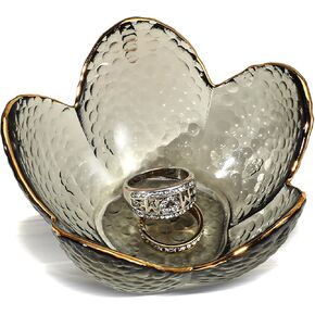 Flower Bowl Jewelry Dish Tray Glass Ring Dish Jewelry Tray Cute Vanity Organiser Room Decor Small Trinket Ring Holder for Bathroom Engagement Gifts Flower Nightstand Decor for Mom （Grey Black）