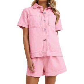Kedera Summer Denim Set for Women 2 piece Casual Short Sleeve Boxy Shirt Tops and Shorts Pants Lounge Sets Outfits