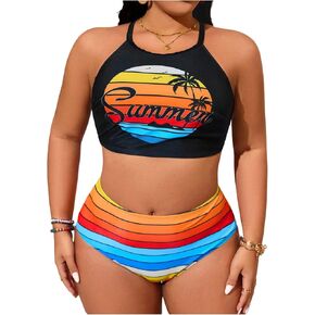 Women's Plus Size 2 PieceTankini Set Striped Graphic Swimsuit High Waisted Bathing Suit