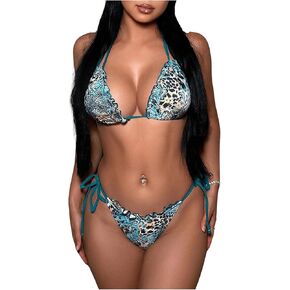 WDIRARA Women's Leopard Print String Bikini Set Triangle Halter Swimsuit 2 Piece Bathing Suit