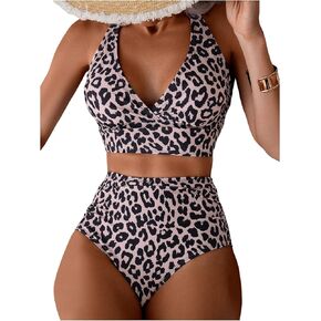 MakeMeChic Women's Leopard Print High Waisted Bikini Sets Halter Bathing Suit Swimsuits