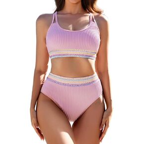 Women's High Waisted Ribbed Bikini Set Two Piece Crop Top High Cut Swimsuit Criss Cross Back Bathing Suit