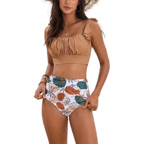 نساء من قطعتين للسباحة الكشكش عالية الخصر السيطرة على البطن بدلة السباحة ملابس السباحة in Kuwait