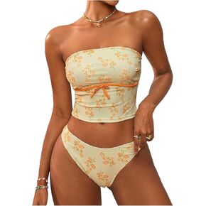 Milumia Women's 2 Piece Bandeau Bikini Set Ditsy Floral Strapless Tankini Swimsuits