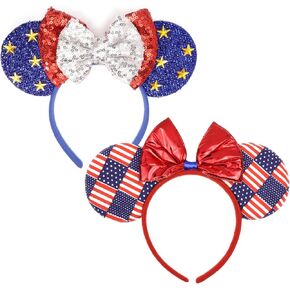 Needzo 4th of July Mouse Ear Headbands, Red White and Blue Hair Accessories, One Size Fits Most (Pack of 2)