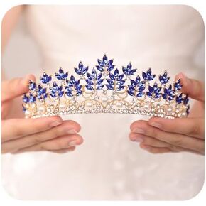 JWICOS Baroque Tiara Crown for Women Pearl Floral Queen Crown Bridal Headpieces for Brides and Bridesmaid Royal Accessories for Birthday Prom Pageant Party Gift (Blue)