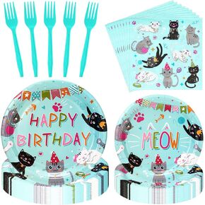 122 Pcs Cat Birthday Party Supplies Disposable Cat Themed Tableware Include 24 Dinner Plates 24 Dessert Plates 50 Paper Napkins 24 Forks Kitten Birthday Party Decoration for 24 Guests(Pink)