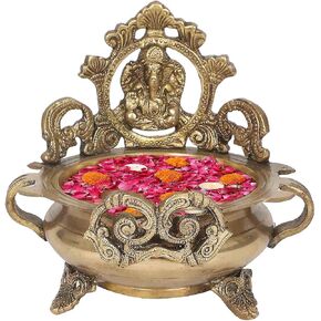 Brass Ethnic Carved Ganesha Design 7 Inches Brass Decor Urli Decor Bowl