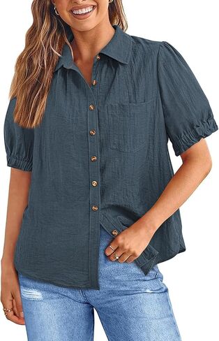 Prettygarden Womens Summer Summer Button Button Down Down Terts V Neck Collared Tops Dust Disual Plouse مع جيوب in Saudi Arabia