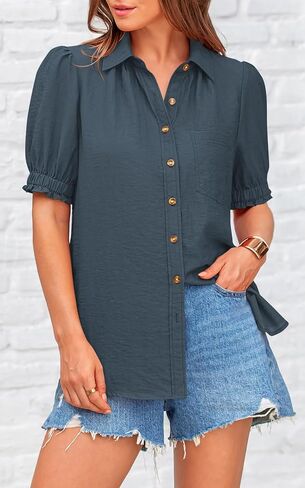 Prettygarden Womens Summer Summer Button Button Down Down Terts V Neck Collared Tops Dust Disual Plouse مع جيوب in Saudi Arabia