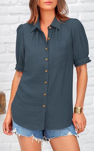 Prettygarden Womens Summer Summer Button Button Down Down Terts V Neck Collared Tops Dust Disual Plouse مع جيوب in Saudi Arabia