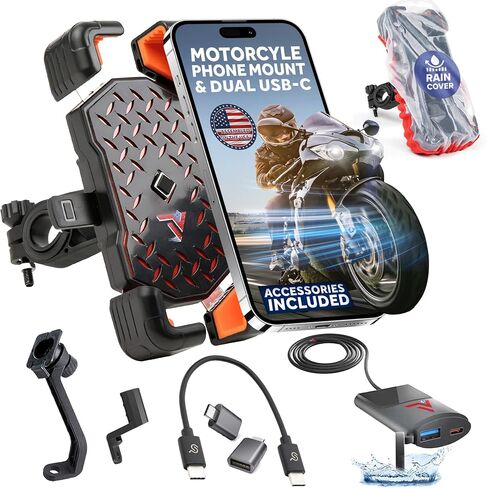 Motorcycle Phone Mount with 12V Dual USB-C Cell Phone Charger/from TV Sport Cycle Accessories / 1s Speed Phone Holder and Rapid USB-C Charger Waterproof Port/Mirror Mount & Rain Cover Included in Kuwait