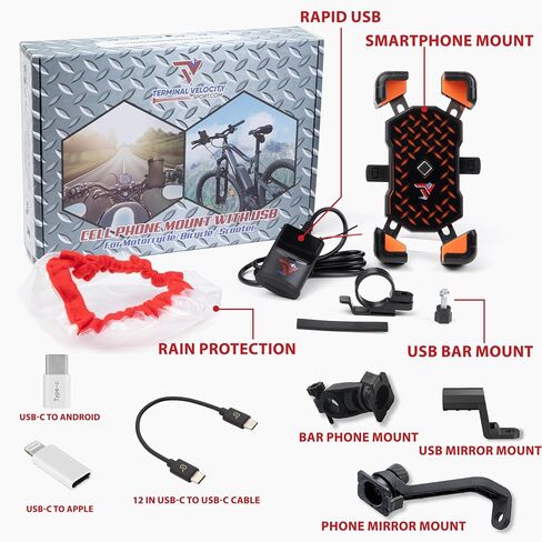 Motorcycle Phone Mount with 12V Dual USB-C Cell Phone Charger/from TV Sport Cycle Accessories / 1s Speed Phone Holder and Rapid USB-C Charger Waterproof Port/Mirror Mount & Rain Cover Included in Kuwait