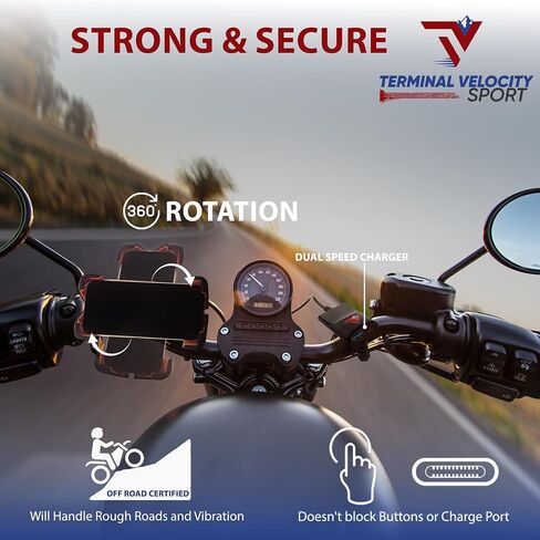 Motorcycle Phone Mount with 12V Dual USB-C Cell Phone Charger/from TV Sport Cycle Accessories / 1s Speed Phone Holder and Rapid USB-C Charger Waterproof Port/Mirror Mount & Rain Cover Included in Kuwait