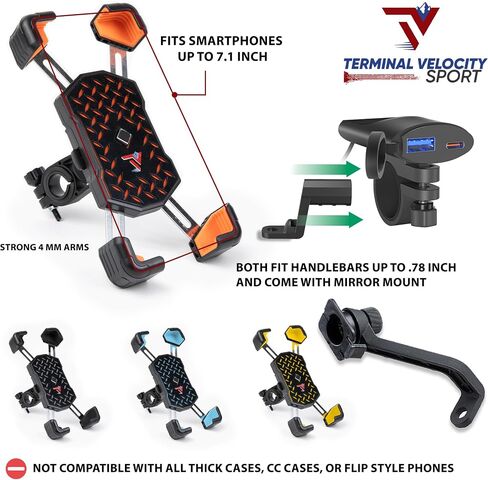 Motorcycle Phone Mount with 12V Dual USB-C Cell Phone Charger/from TV Sport Cycle Accessories / 1s Speed Phone Holder and Rapid USB-C Charger Waterproof Port/Mirror Mount & Rain Cover Included in Kuwait