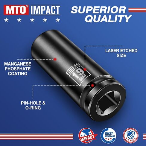 1/2" Drive 19mm Deep Impact Socket, 6 Pt. Metric Socket, CR-MO Steel & Anti-Corrosion Coating for Heavy-Duty Use in Saudi Arabia