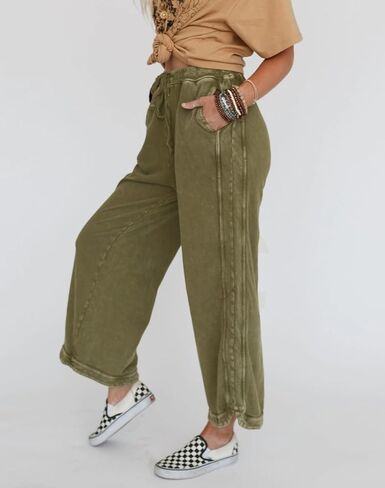 سروال عريض الساق عريض غير رسمي بصراحة قصر بيرزو خفيفة الوزن سراويل شاطئية الصيف مع جيوب in Kuwait