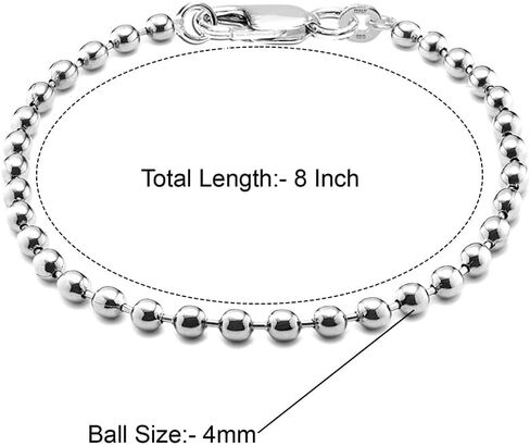 LECALLA 925 Sterling Silver Italian Round Round & Oval Bead Ball Ball Bracelet for Women | سوار سلسلة الكرة الفضية للسيدات (6.5 ، 7 ، 7.5 ، 8 بوصات) ، مصنوعة في إيطاليا in Kuwait