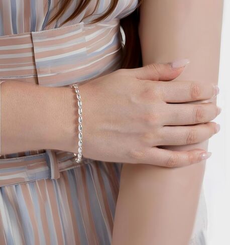 LECALLA 925 Sterling Silver Italian Round Round & Oval Bead Ball Ball Bracelet for Women | سوار سلسلة الكرة الفضية للسيدات (6.5 ، 7 ، 7.5 ، 8 بوصات) ، مصنوعة في إيطاليا in Kuwait
