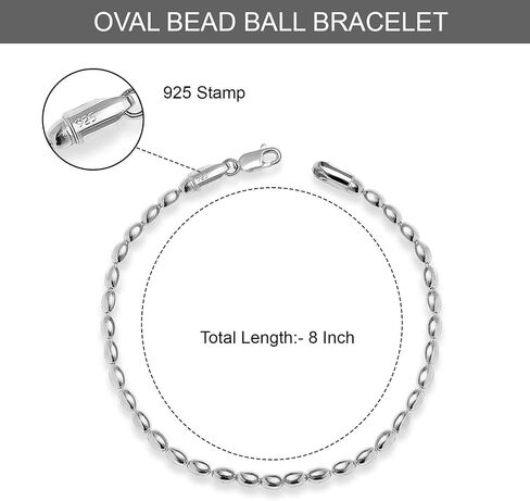 LECALLA 925 Sterling Silver Italian Round Round & Oval Bead Ball Ball Bracelet for Women | سوار سلسلة الكرة الفضية للسيدات (6.5 ، 7 ، 7.5 ، 8 بوصات) ، مصنوعة في إيطاليا in Kuwait