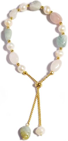 Cultured Freshwater Pearls and Natural Stones Beaded Gold Bracelet Christmas gifts for Women Multicolor Adjustable Slider Bracelets Aventurine/Morganite/Sunstone/Agate Charm Jewelry Synthetic Pearl in Saudi Arabia