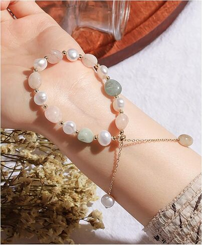 Cultured Freshwater Pearls and Natural Stones Beaded Gold Bracelet Christmas gifts for Women Multicolor Adjustable Slider Bracelets Aventurine/Morganite/Sunstone/Agate Charm Jewelry Synthetic Pearl in Saudi Arabia