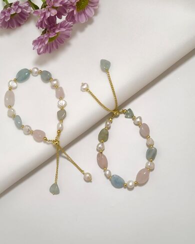 Cultured Freshwater Pearls and Natural Stones Beaded Gold Bracelet Christmas gifts for Women Multicolor Adjustable Slider Bracelets Aventurine/Morganite/Sunstone/Agate Charm Jewelry Synthetic Pearl in Saudi Arabia