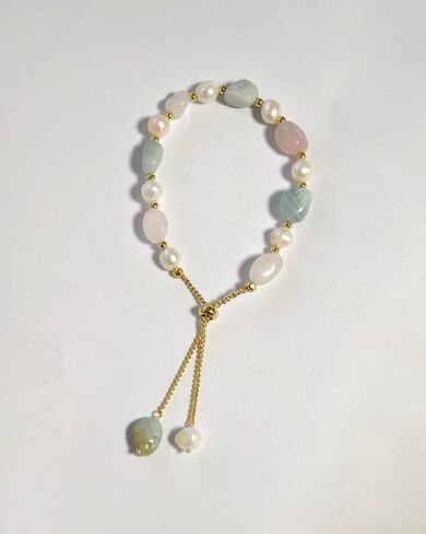 Cultured Freshwater Pearls and Natural Stones Beaded Gold Bracelet Christmas gifts for Women Multicolor Adjustable Slider Bracelets Aventurine/Morganite/Sunstone/Agate Charm Jewelry Synthetic Pearl in Saudi Arabia