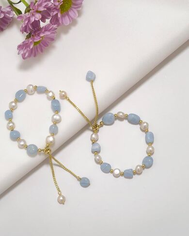Cultured Freshwater Pearls and Natural Stones Beaded Gold Bracelet Christmas gifts for Women Multicolor Adjustable Slider Bracelets Aventurine/Morganite/Sunstone/Agate Charm Jewelry Synthetic Pearl in Saudi Arabia