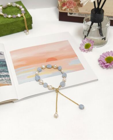 Cultured Freshwater Pearls and Natural Stones Beaded Gold Bracelet Christmas gifts for Women Multicolor Adjustable Slider Bracelets Aventurine/Morganite/Sunstone/Agate Charm Jewelry Synthetic Pearl in Saudi Arabia
