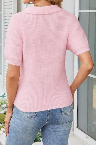 Cakulo Womens Fuzzy Short Sleeve V Neck Cropped Sweaters Tops 2025 Polo Collared Knit Pullover Sweater in Saudi Arabia