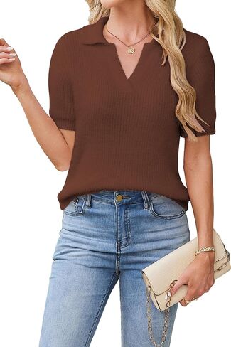 Cakulo Womens Fuzzy Short Sleeve V Neck Cropped Sweaters Tops 2025 Polo Collared Knit Pullover Sweater in Saudi Arabia