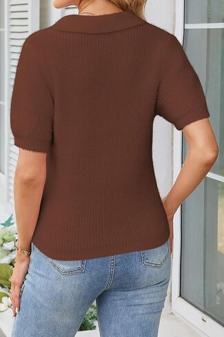 Cakulo Womens Fuzzy Short Sleeve V Neck Cropped Sweaters Tops 2025 Polo Collared Knit Pullover Sweater in Saudi Arabia