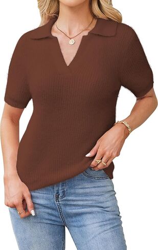 Cakulo Womens Fuzzy Short Sleeve V Neck Cropped Sweaters Tops 2025 Polo Collared Knit Pullover Sweater in Saudi Arabia