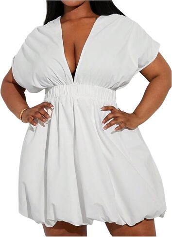 WDIRARA Women's Plus Size Deep V Neck Bubble Dress Short Sleeve A Line Mini Dresses in Saudi Arabia