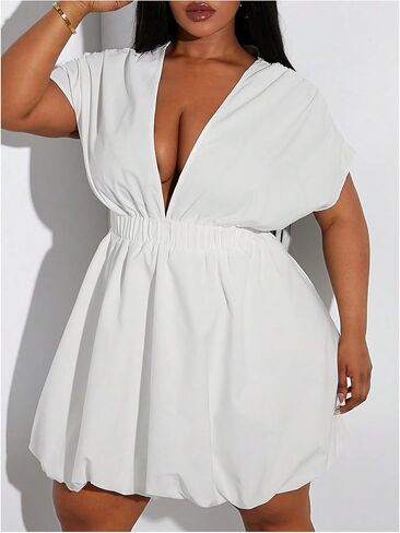 WDIRARA Women's Plus Size Deep V Neck Bubble Dress Short Sleeve A Line Mini Dresses in Saudi Arabia