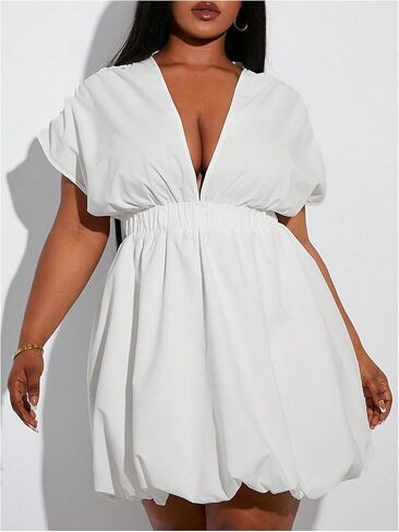 WDIRARA Women's Plus Size Deep V Neck Bubble Dress Short Sleeve A Line Mini Dresses in Saudi Arabia