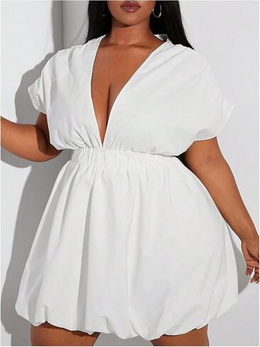 WDIRARA Women's Plus Size Deep V Neck Bubble Dress Short Sleeve A Line Mini Dresses in Saudi Arabia